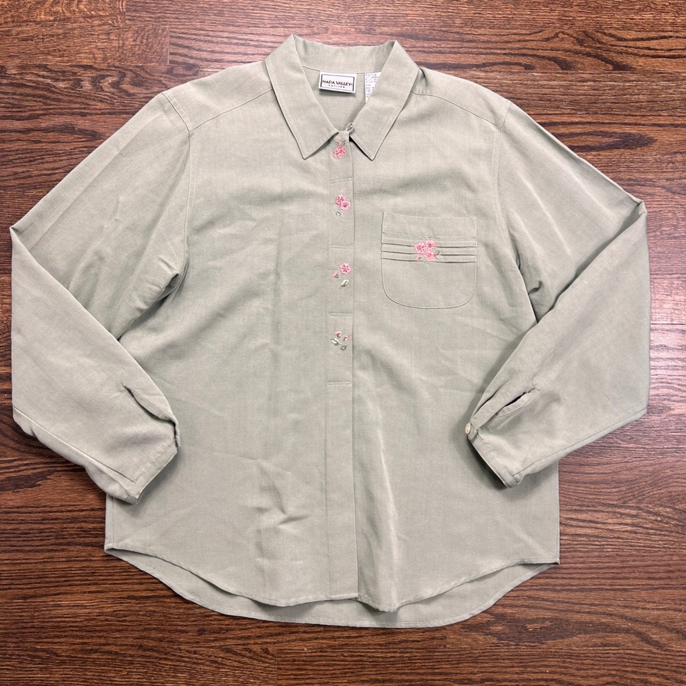 Vtg Napa Valley Petites Shirt Womens Large Green Floral Embroidered Button Up
